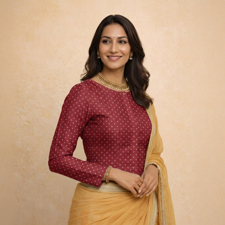 Mumtaz x Tyohaar Saree Blouse, in Red Chandheri, featuring full sleeves and boat neckline, made for party & festive.