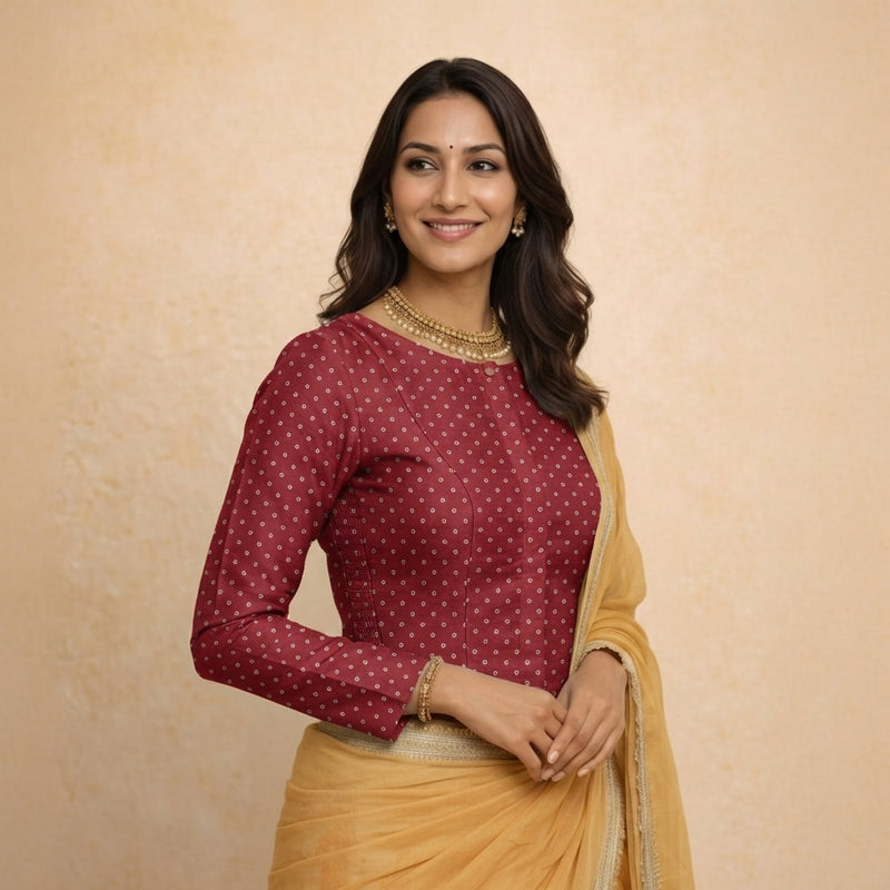 Mumtaz x Tyohaar | Full Sleeves Red Foil Chandheri Saree Blouse-Binks