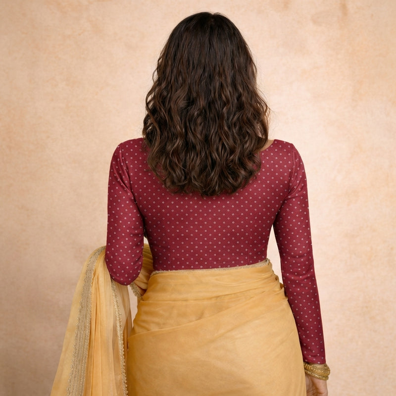 Mumtaz x Tyohaar | Full Sleeves Red Foil Chandheri Saree Blouse-Binks