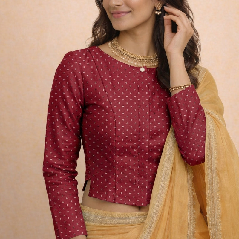 Mumtaz x Tyohaar | Full Sleeves Red Foil Chandheri Saree Blouse-Binks