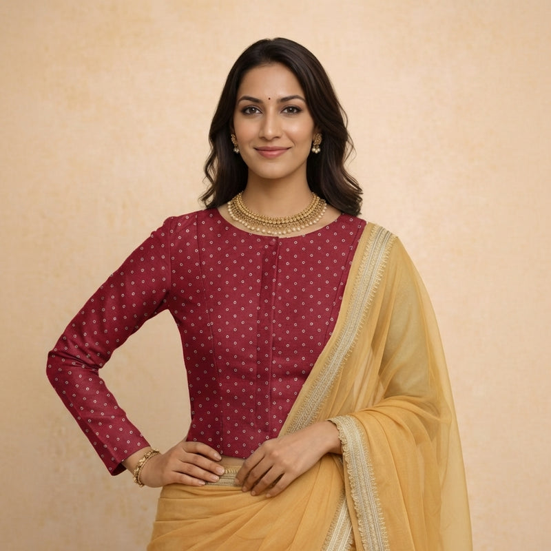 Mumtaz x Tyohaar | Full Sleeves Red Foil Chandheri Saree Blouse-Binks