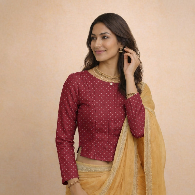 Mumtaz x Tyohaar | Full Sleeves Red Foil Chandheri Saree Blouse-Binks
