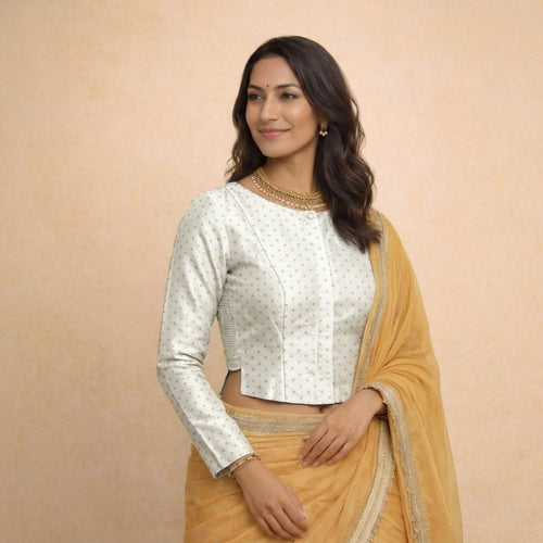 Mumtaz x Tyohaar | Full Sleeves White Foil Chandheri Saree Blouse