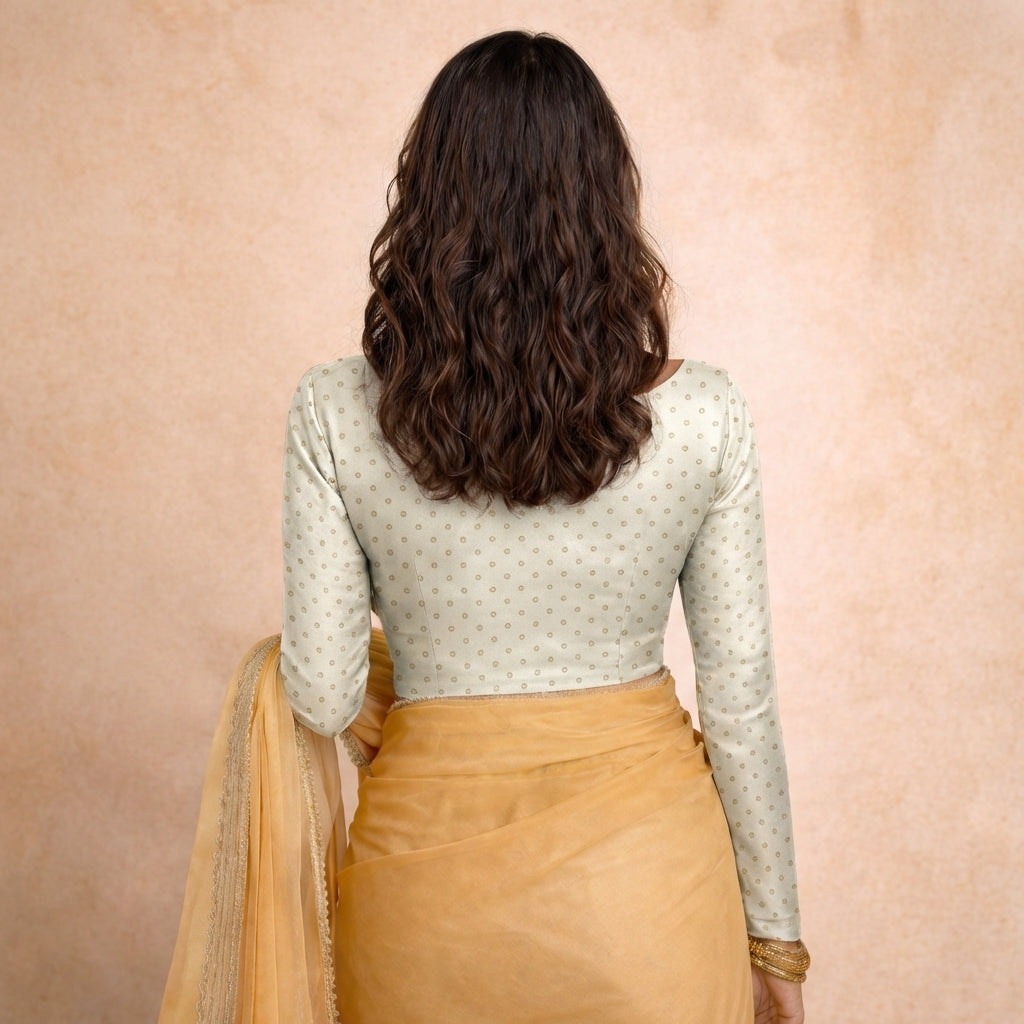 Mumtaz x Tyohaar Saree Blouse, in White Chandheri, featuring full sleeves and boat neckline, made for party & festive (view 2).