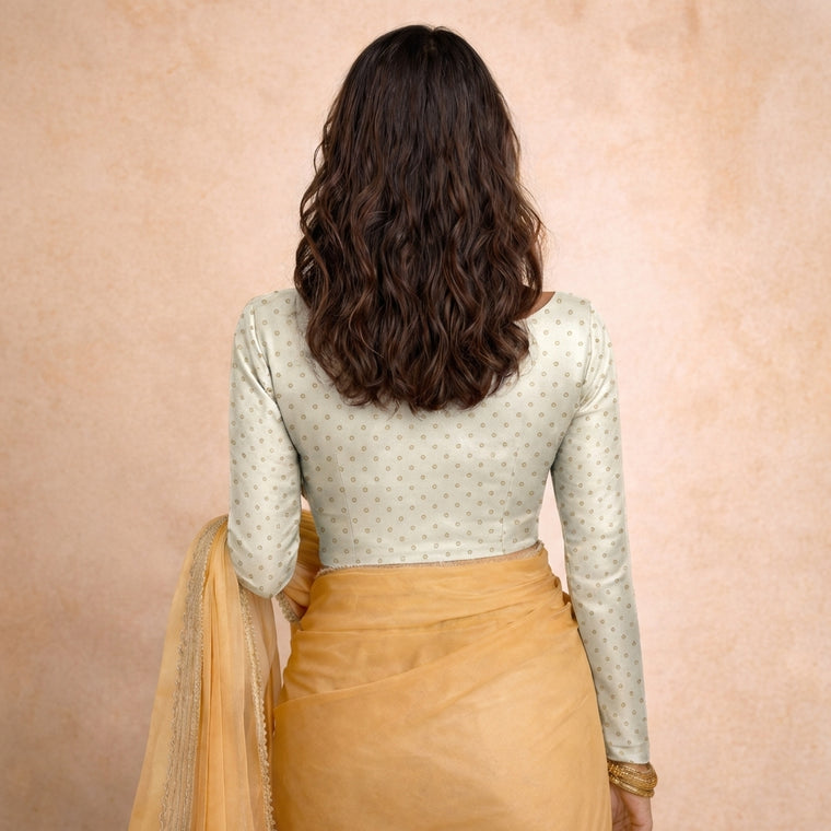 Mumtaz x Tyohaar Saree Blouse, in White Chandheri, featuring full sleeves and boat neckline, made for party & festive (view 2).