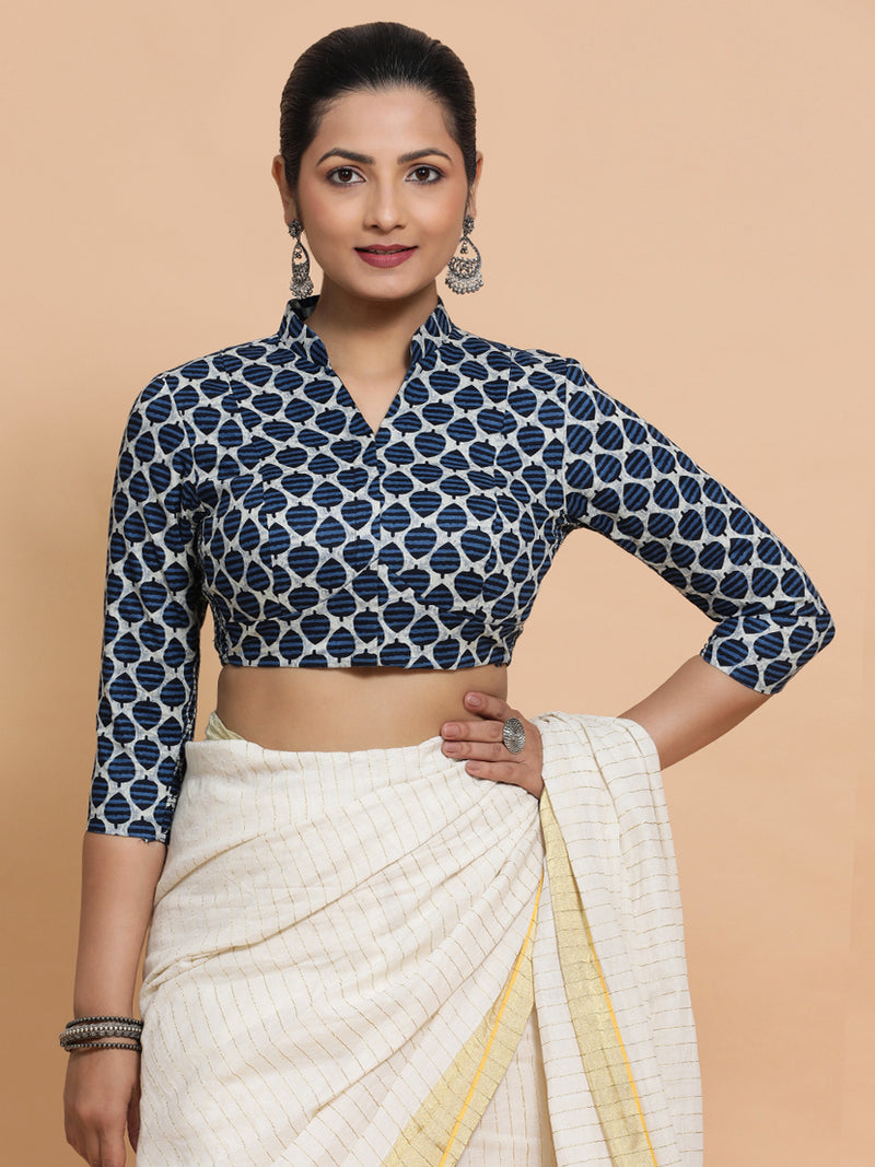 Muskaan x Rozaana | Three Quarter Sleeves Cotton Saree Blouse in Indigo Blue Leaf Block Print Fabric-Binks