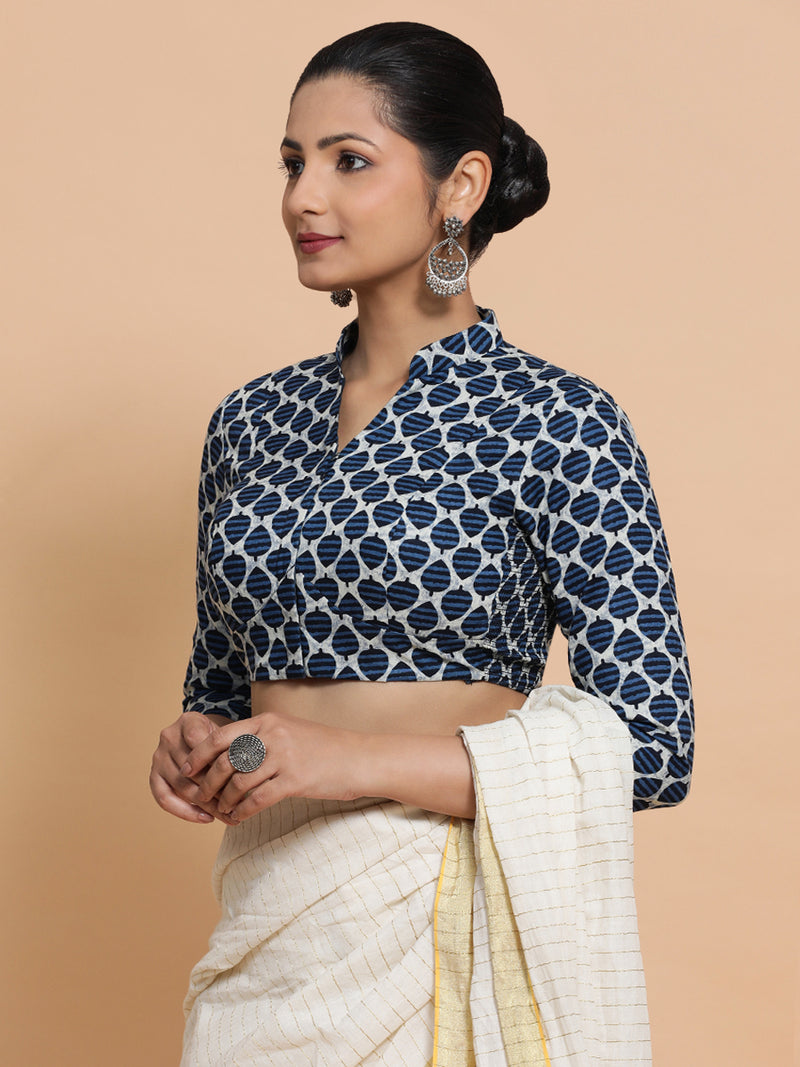 Muskaan x Rozaana | Three Quarter Sleeves Cotton Saree Blouse in Indigo Blue Leaf Block Print Fabric-Binks