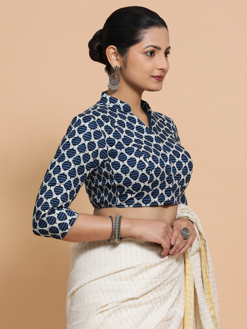 Muskaan x Rozaana | Three Quarter Sleeves Cotton Saree Blouse in Indigo Blue Leaf Block Print Fabric-Binks