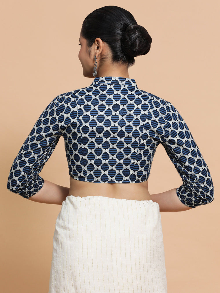 Muskaan x Rozaana Saree Blouse, in Blue Cotton, featuring three quarter sleeves and mandarin collar neckline (view 2).