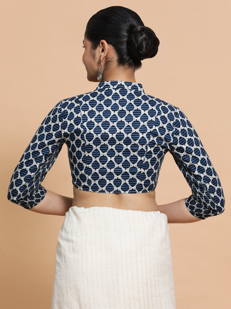 Muskaan x Rozaana | Three Quarter Sleeves Cotton Saree Blouse in Indigo Blue Leaf Block Print Fabric-Binks