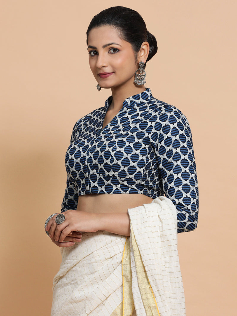 Muskaan x Rozaana | Three Quarter Sleeves Cotton Saree Blouse in Indigo Blue Leaf Block Print Fabric-Binks