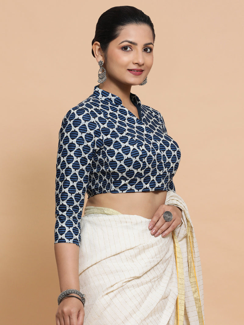 Muskaan x Rozaana | Three Quarter Sleeves Cotton Saree Blouse in Indigo Blue Leaf Block Print Fabric-Binks