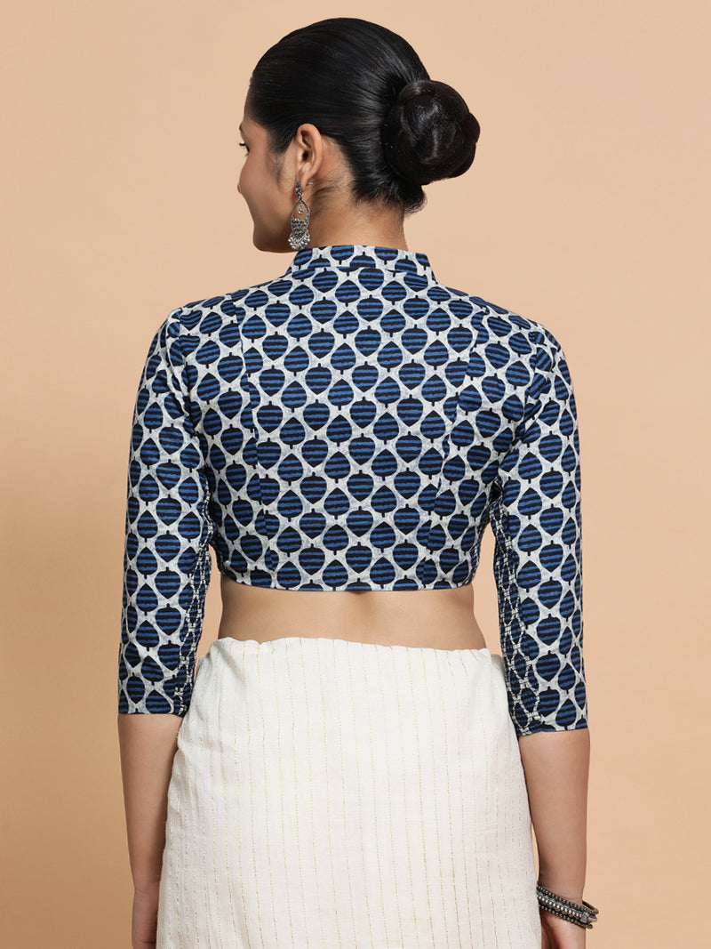 Muskaan x Rozaana | Three Quarter Sleeves Cotton Saree Blouse in Indigo Blue Leaf Block Print Fabric-Binks