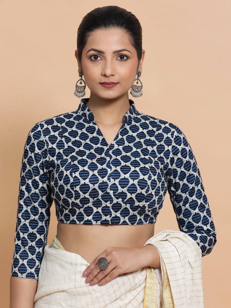 Muskaan x Rozaana | Three Quarter Sleeves Cotton Saree Blouse in Indigo Blue Leaf Block Print Fabric-Binks