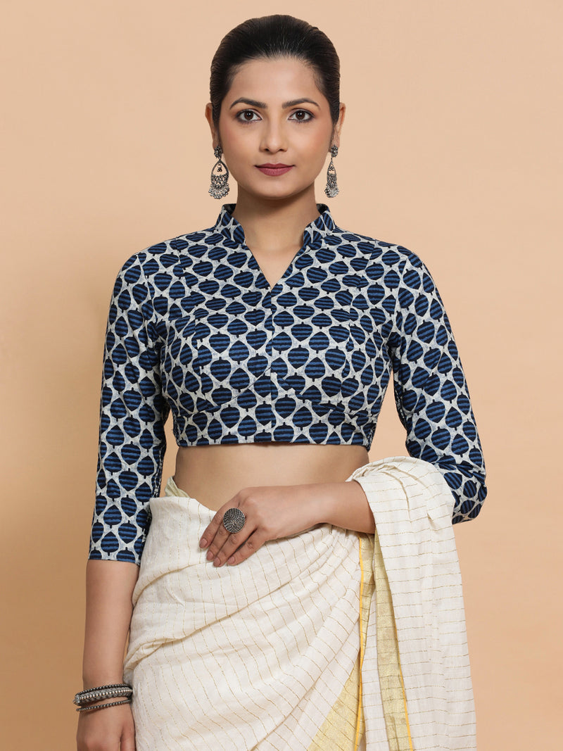 Muskaan x Rozaana | Three Quarter Sleeves Cotton Saree Blouse in Indigo Blue Leaf Block Print Fabric-Binks