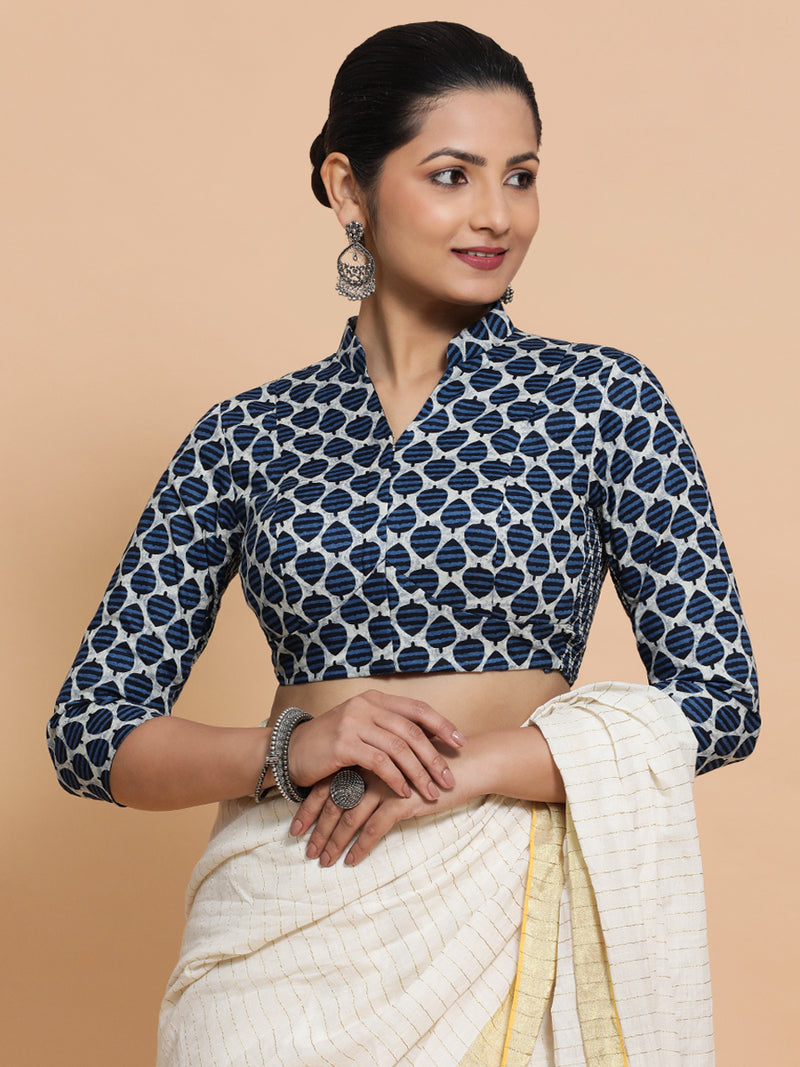 Muskaan x Rozaana | Three Quarter Sleeves Cotton Saree Blouse in Indigo Blue Leaf Block Print Fabric-Binks