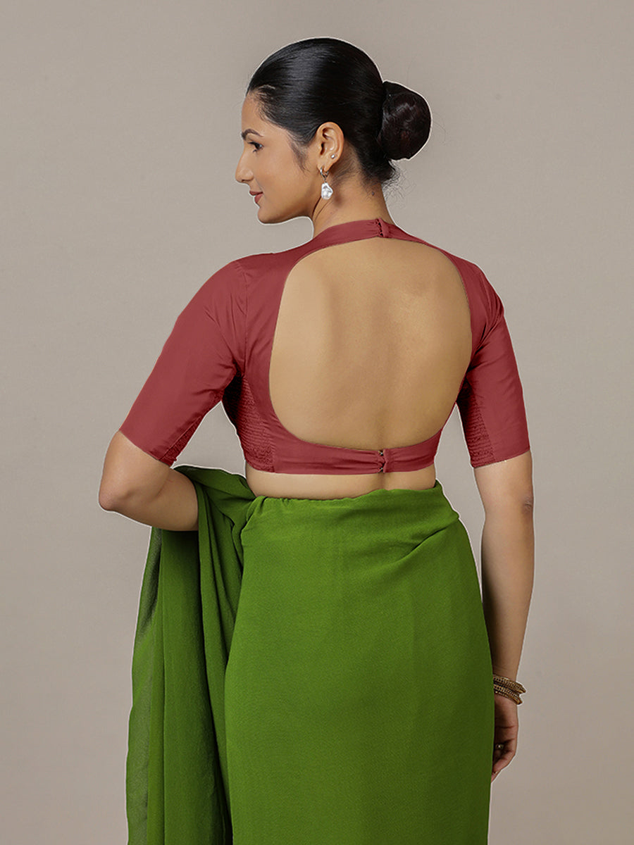 Myra x Rozaana Saree Blouse, in Red Vegan Silk, featuring elbow sleeves and jewel neckline, made for party & festive (view 2).