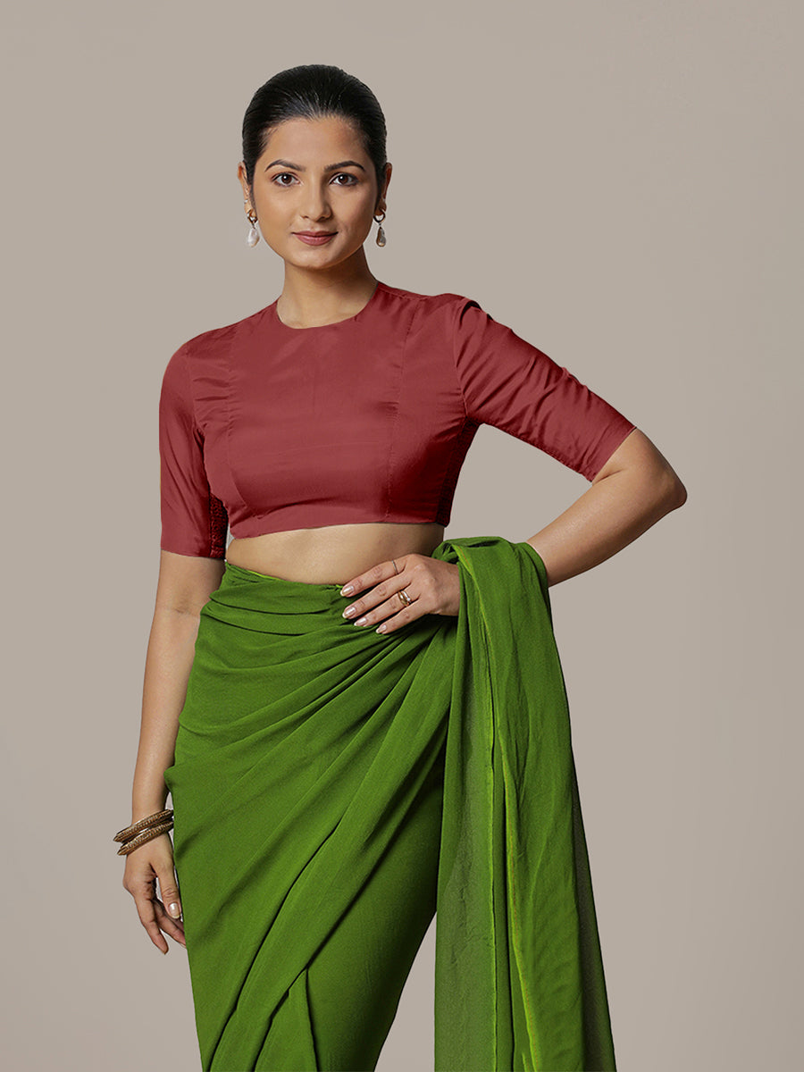 Myra x Rozaana Saree Blouse, in Red Vegan Silk, featuring elbow sleeves and jewel neckline, made for party & festive (view 5).