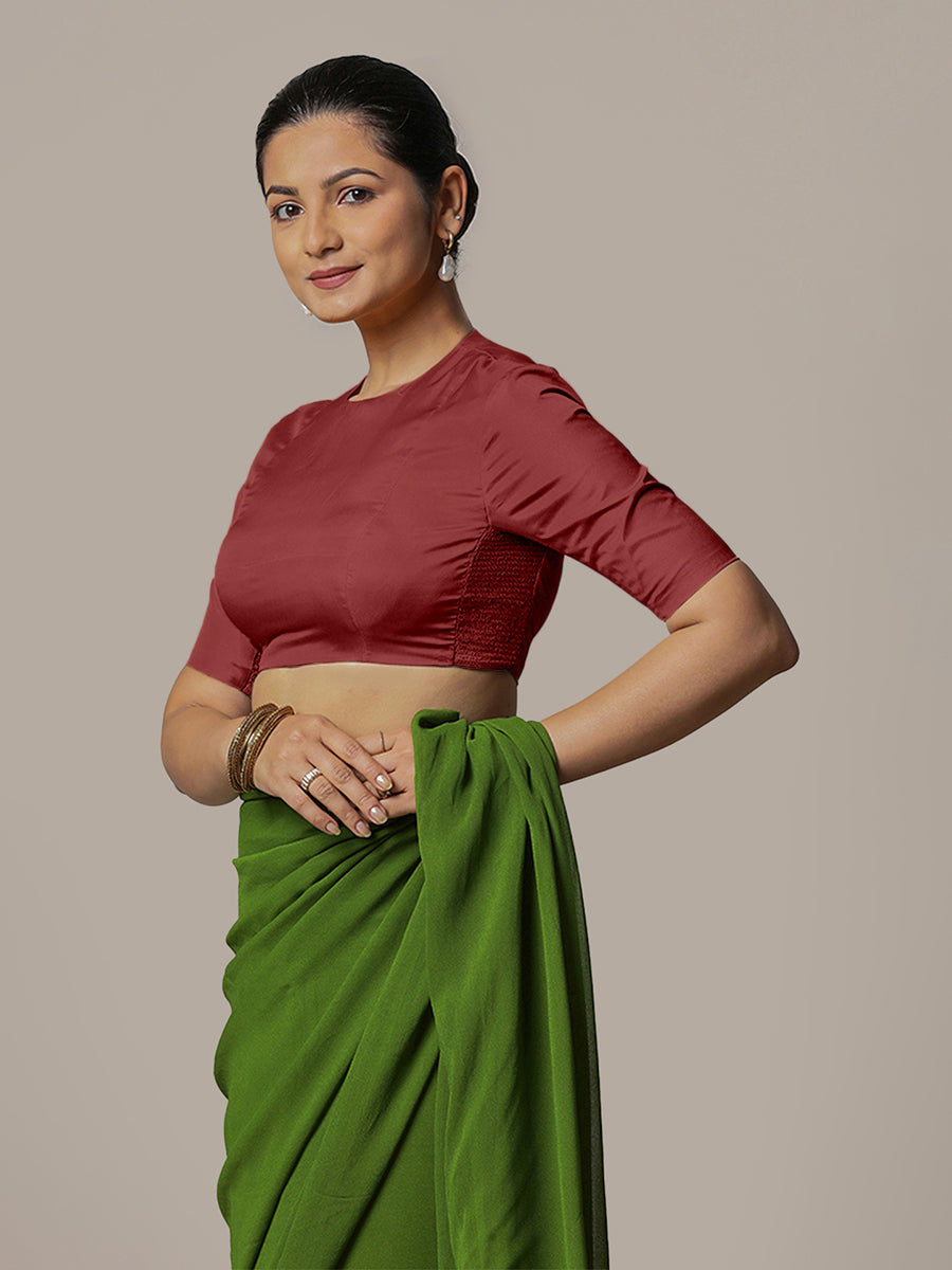 Myra x Rozaana Saree Blouse, in Red Vegan Silk, featuring elbow sleeves and jewel neckline, made for party & festive (view 6).