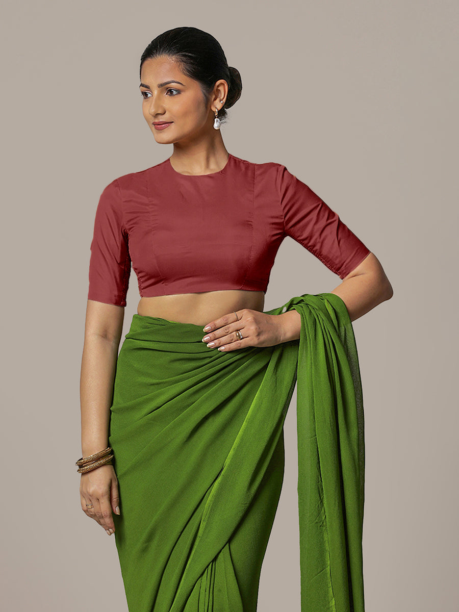 Myra x Rozaana Saree Blouse, in Red Vegan Silk, featuring elbow sleeves and jewel neckline, made for party & festive (view 7).