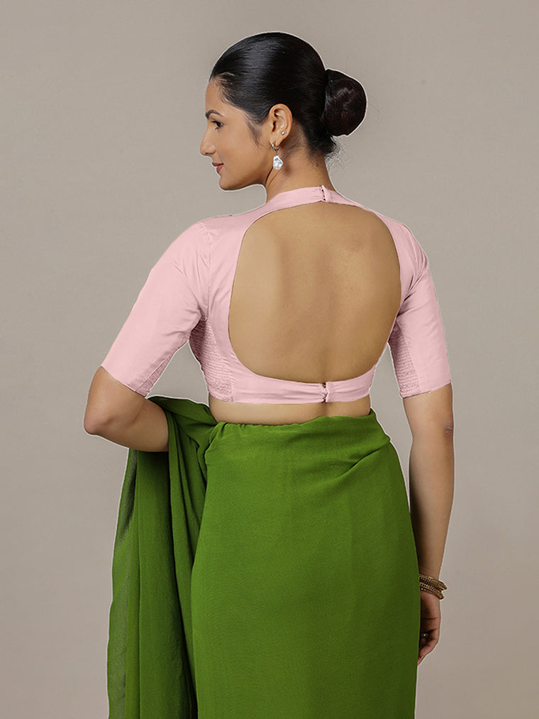 Myra x Rozaana Saree Blouse, in Pink Artificial Silk, featuring elbow sleeves and jewel neckline, made for party & festive.