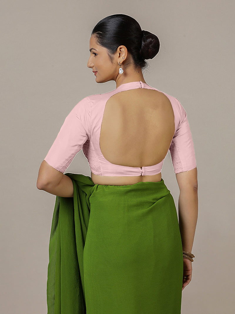 Myra x Rozaana | Elbow Sleeves Baby Pink FlexiFit™ Saree Blouse with Jewel Neck-Binks