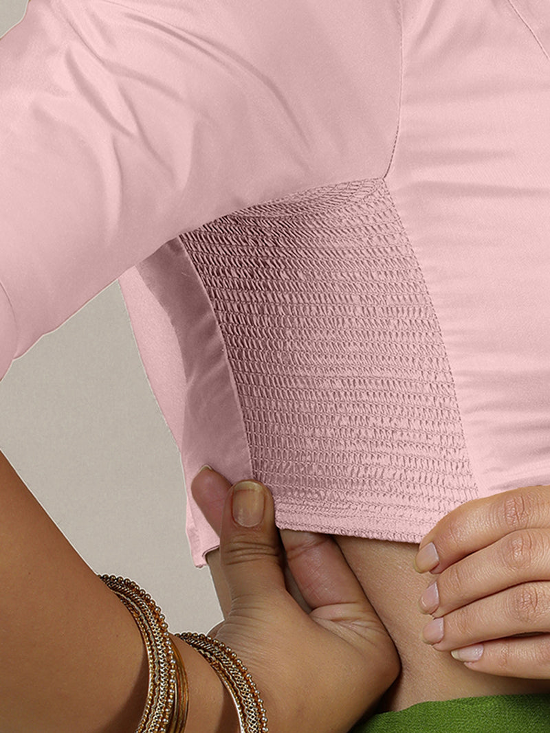 Myra x Rozaana | Elbow Sleeves Baby Pink FlexiFit™ Saree Blouse with Jewel Neck-Binks