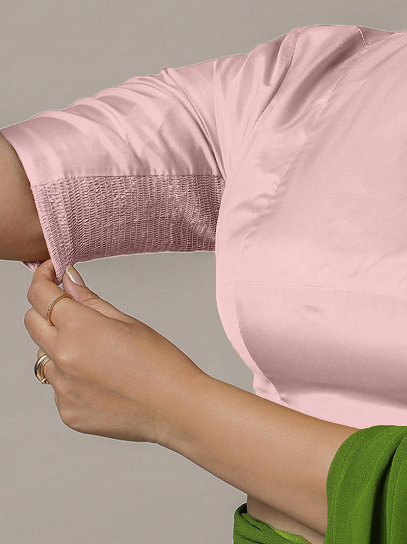 Myra x Rozaana | Elbow Sleeves Baby Pink FlexiFit™ Saree Blouse with Jewel Neck-Binks