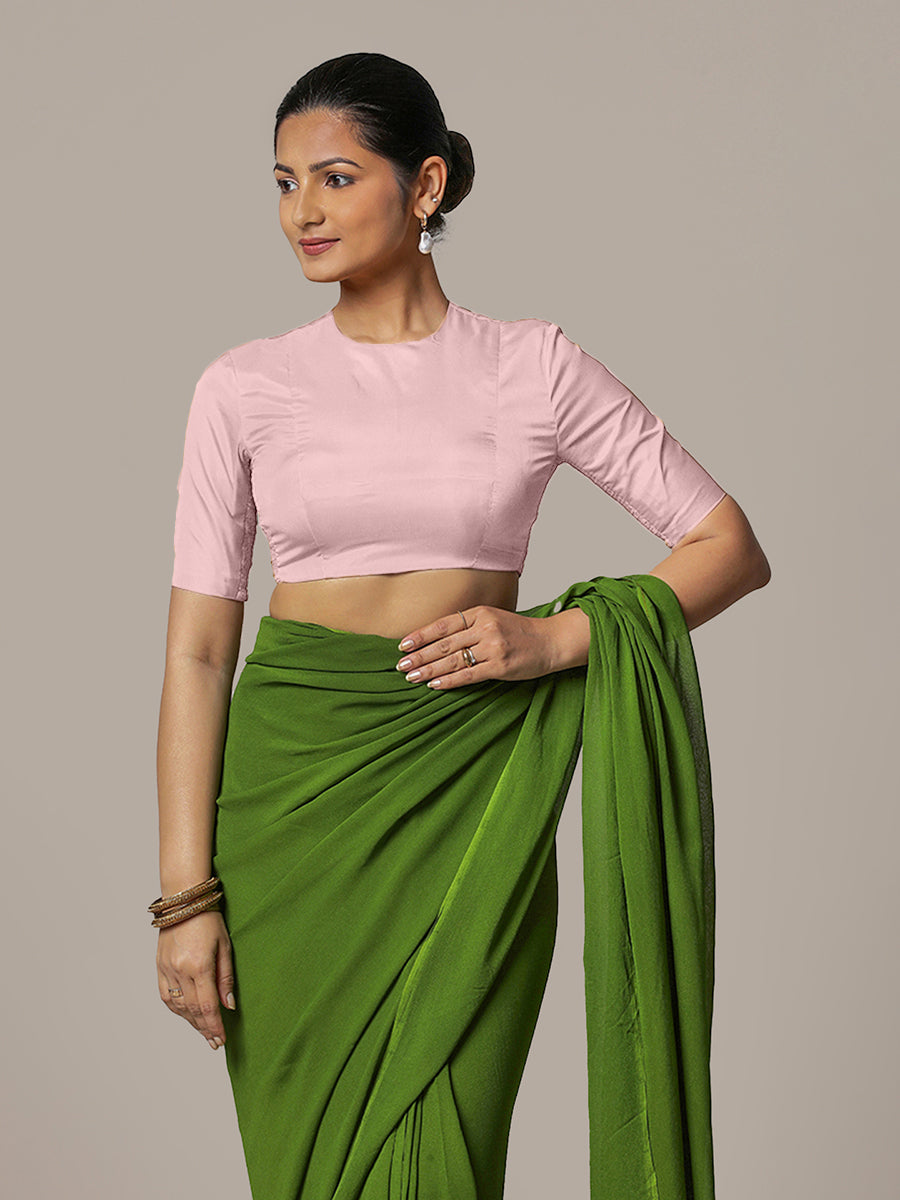 Myra x Rozaana Saree Blouse, in Pink Artificial Silk, featuring elbow sleeves and jewel neckline, made for party & festive.