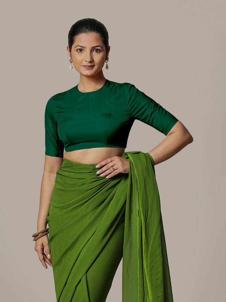 Myra x Rozaana Saree Blouse, in Green Vegan Silk, featuring elbow sleeves and jewel neckline, made for party & festive.