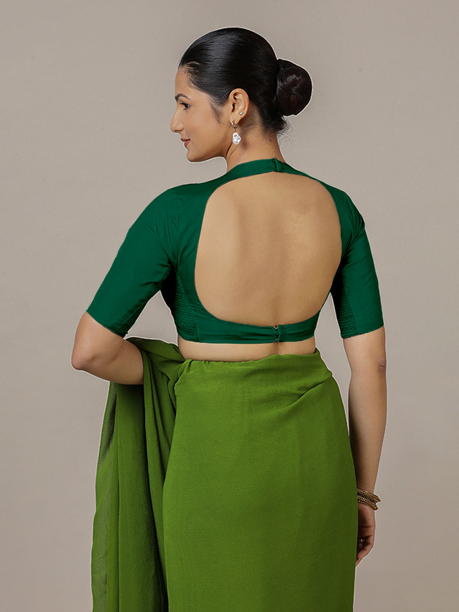 Myra x Rozaana Saree Blouse, in Green Vegan Silk, featuring elbow sleeves and jewel neckline, made for party & festive (view 2).