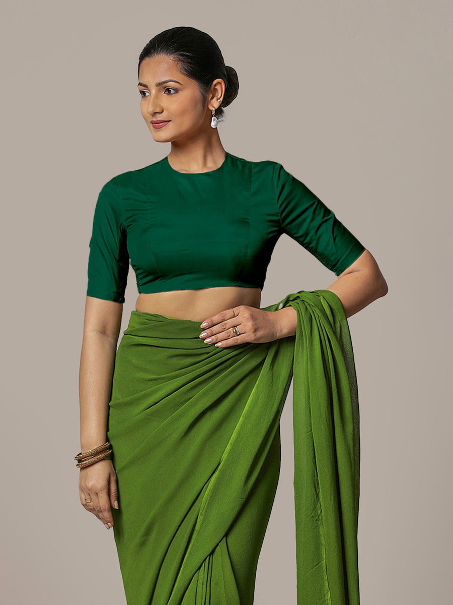Myra x Rozaana Saree Blouse, in Green Vegan Silk, featuring elbow sleeves and jewel neckline, made for party & festive (view 6).