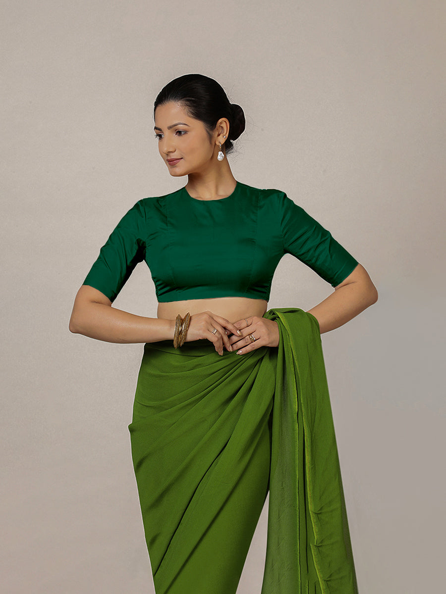 Myra x Rozaana Saree Blouse, in Green Vegan Silk, featuring elbow sleeves and jewel neckline, made for party & festive (view 8).