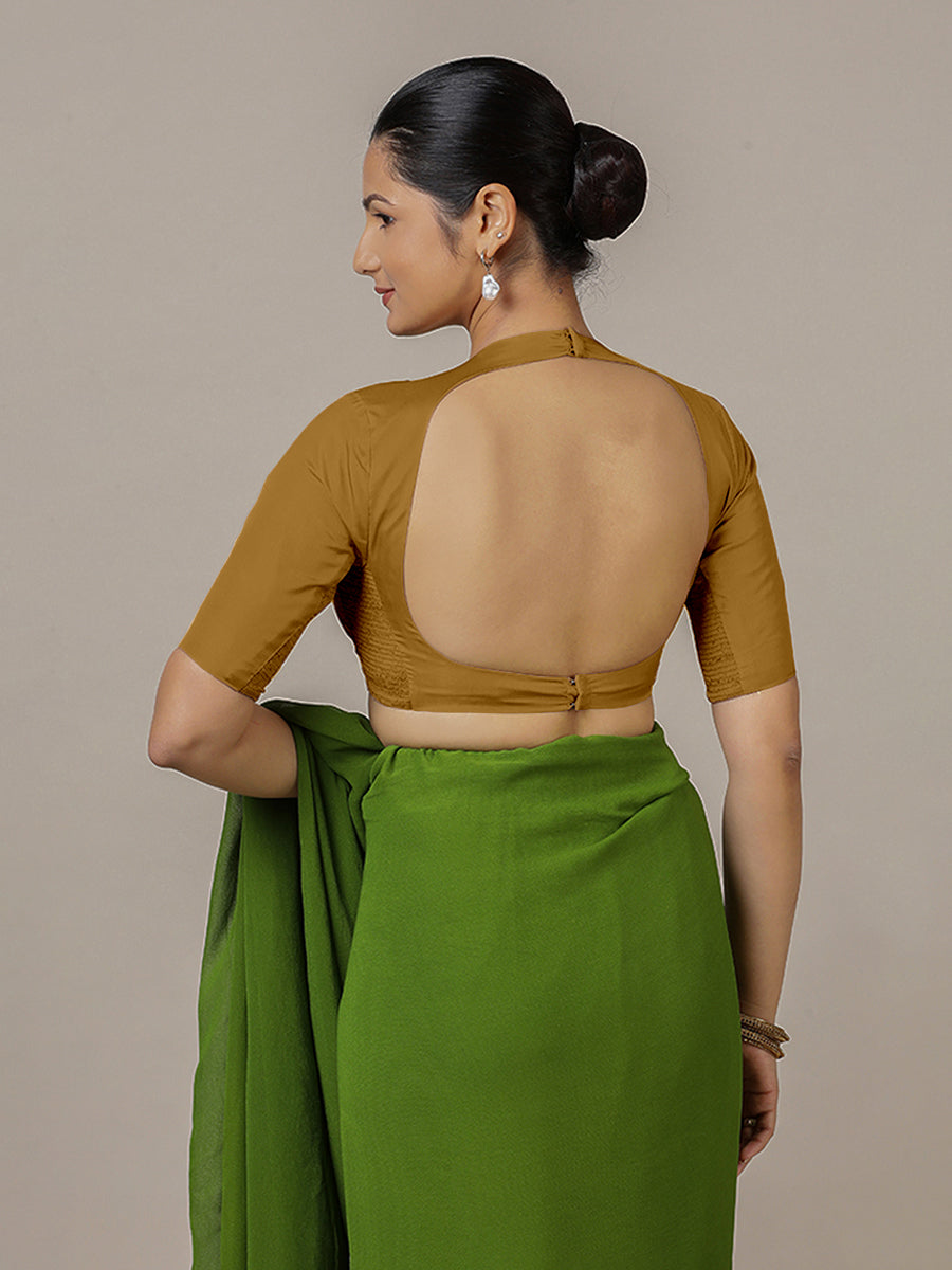 Myra x Rozaana Saree Blouse, in Gold Vegan Silk, featuring elbow sleeves and jewel neckline, made for party & festive (view 2).