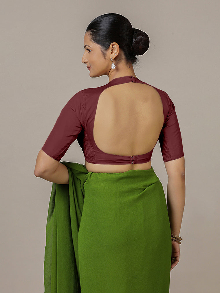 Myra x Rozaana Saree Blouse, in Maroon Vegan Silk, featuring elbow sleeves and jewel neckline, made for party & festive.