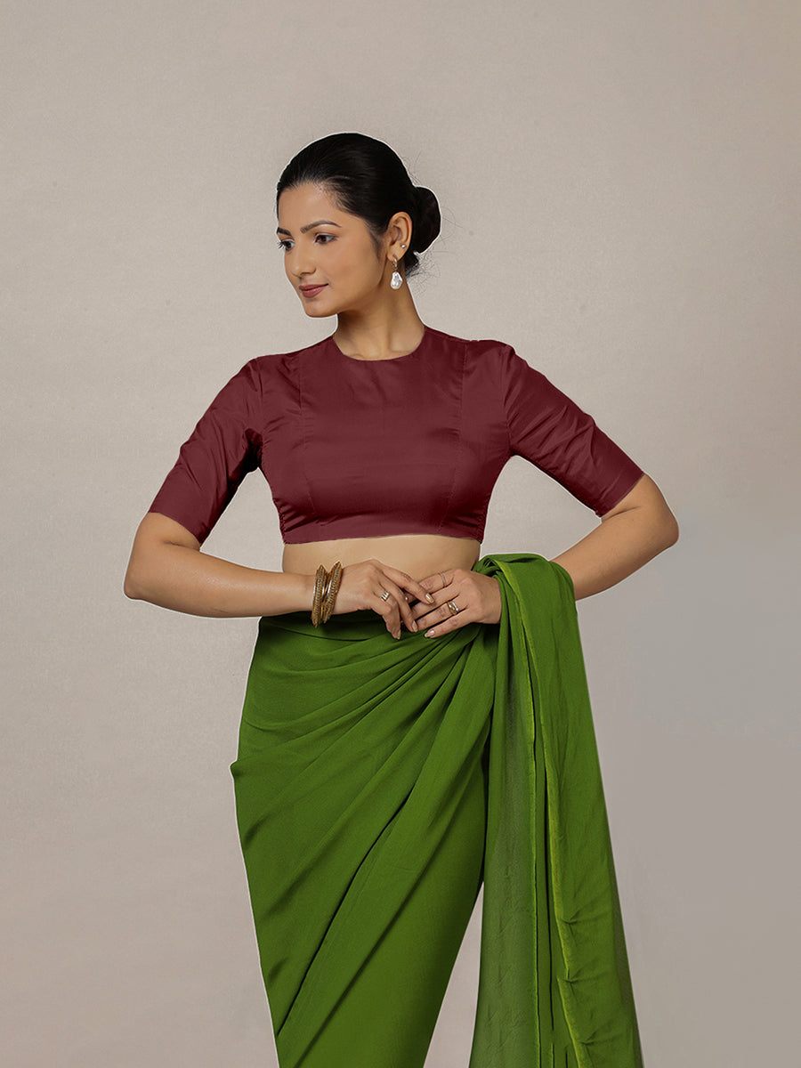 Myra x Rozaana Saree Blouse, in Maroon Vegan Silk, featuring elbow sleeves and jewel neckline, made for party & festive.
