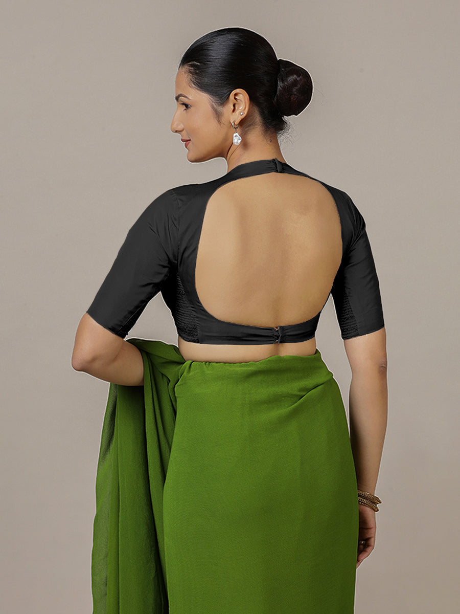 Myra x Rozaana Saree Blouse, in Black Vegan Silk, featuring elbow sleeves and jewel neckline, made for party & festive (view 2).