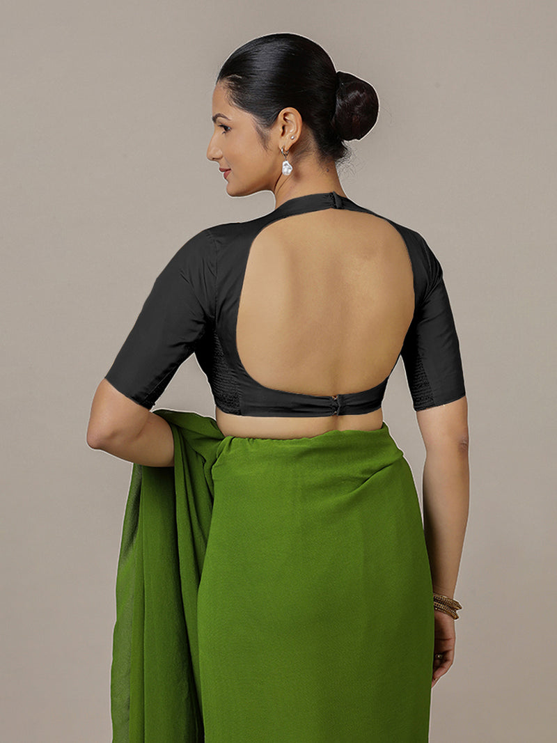 Myra x Rozaana | Charcoal Black Backless Saree Blouse w/ FlexiFit™-Binks