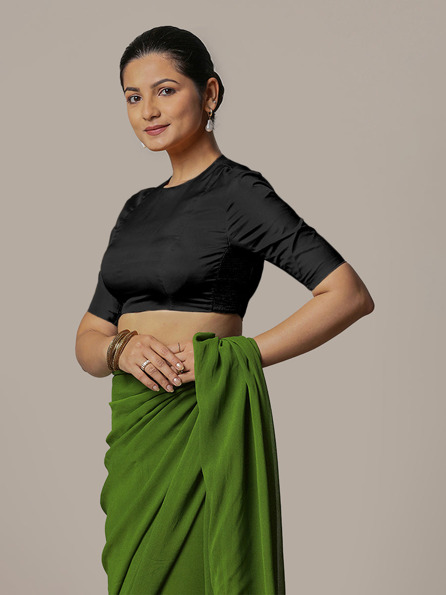 Myra x Rozaana Saree Blouse, in Black Vegan Silk, featuring elbow sleeves and jewel neckline, made for party & festive (view 6).