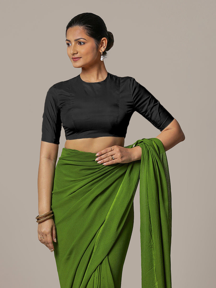 Myra x Rozaana Saree Blouse, in Black Vegan Silk, featuring elbow sleeves and jewel neckline, made for party & festive (view 7).