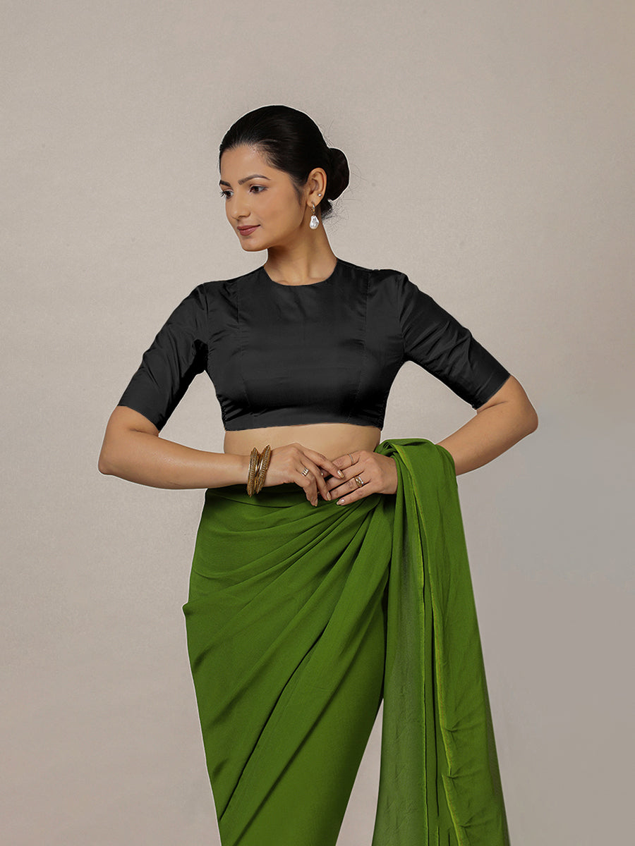 Myra x Rozaana Saree Blouse, in Black Vegan Silk, featuring elbow sleeves and jewel neckline, made for party & festive (view 8).