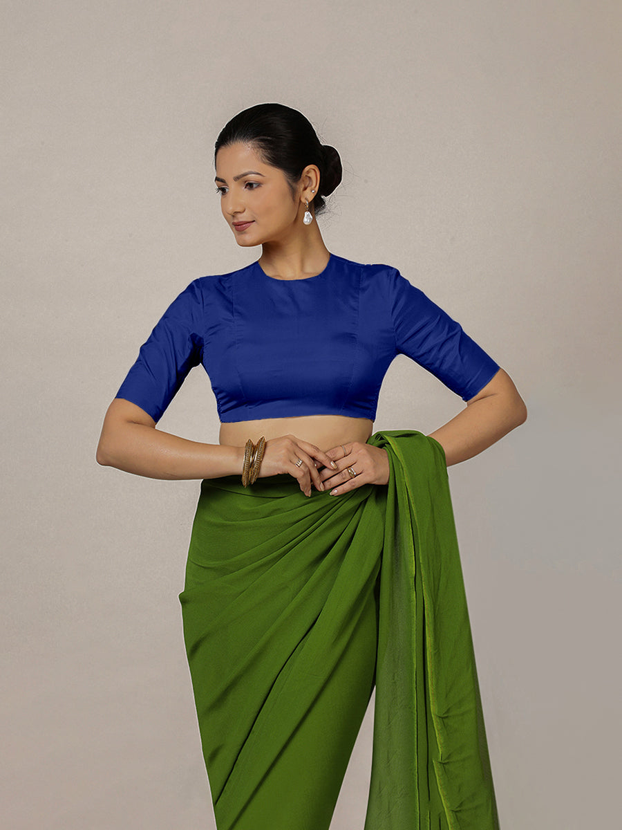 Myra x Rozaana Saree Blouse, in Blue Vegan Silk, featuring elbow sleeves and jewel neckline, made for party & festive.