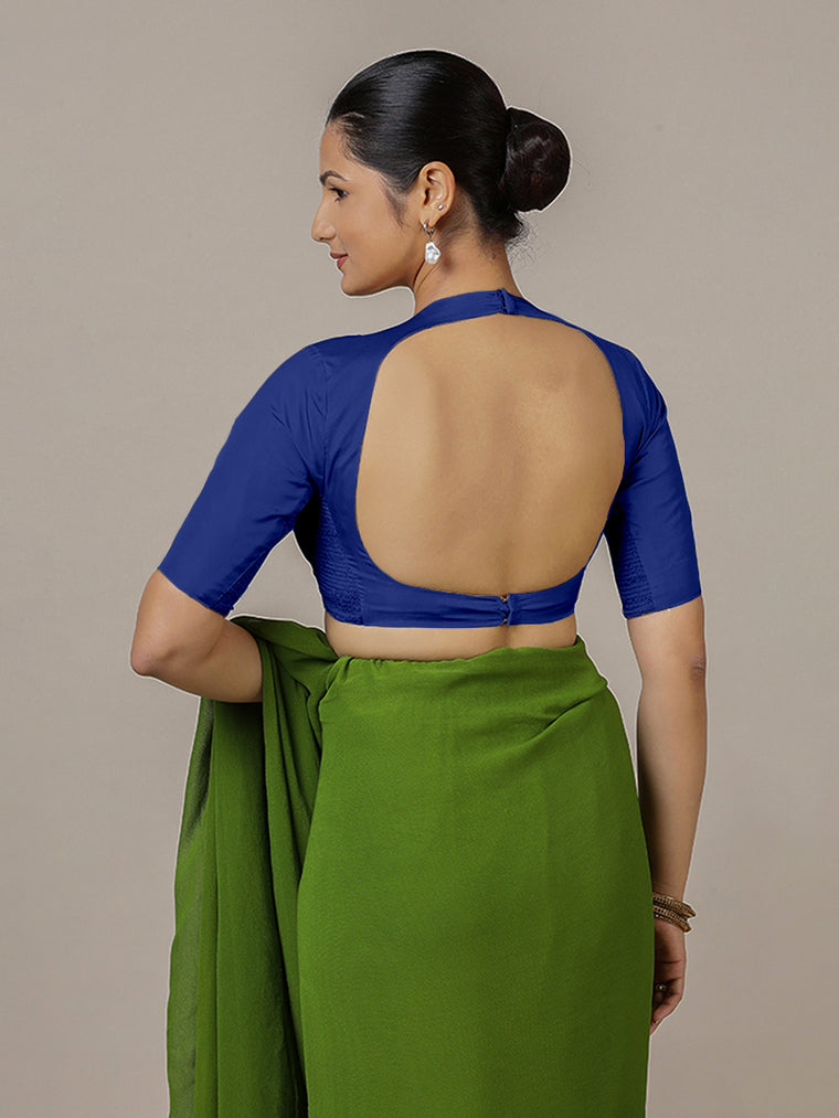 Myra x Rozaana Saree Blouse, in Blue Vegan Silk, featuring elbow sleeves and jewel neckline, made for party & festive (view 2).
