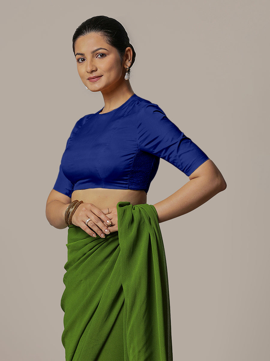 Myra x Rozaana Saree Blouse, in Blue Vegan Silk, featuring elbow sleeves and jewel neckline, made for party & festive (view 6).