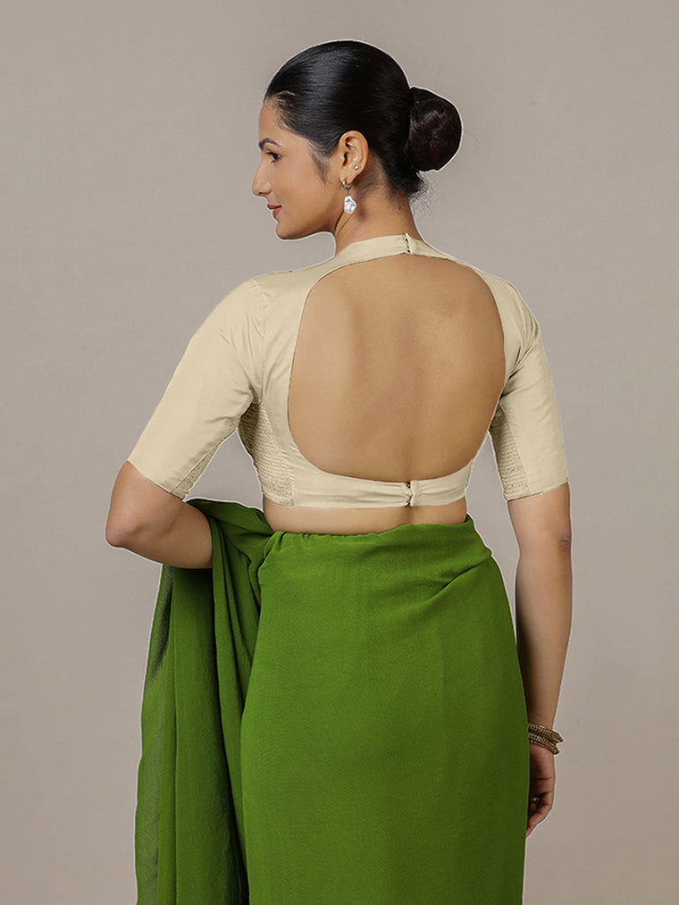 Myra x Rozaana Saree Blouse, in Cream Vegan Silk, featuring elbow sleeves and jewel neckline, made for party & festive (view 2).