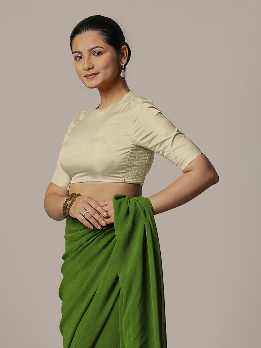 Myra x Rozaana Saree Blouse, in Cream Vegan Silk, featuring elbow sleeves and jewel neckline, made for party & festive (view 5).