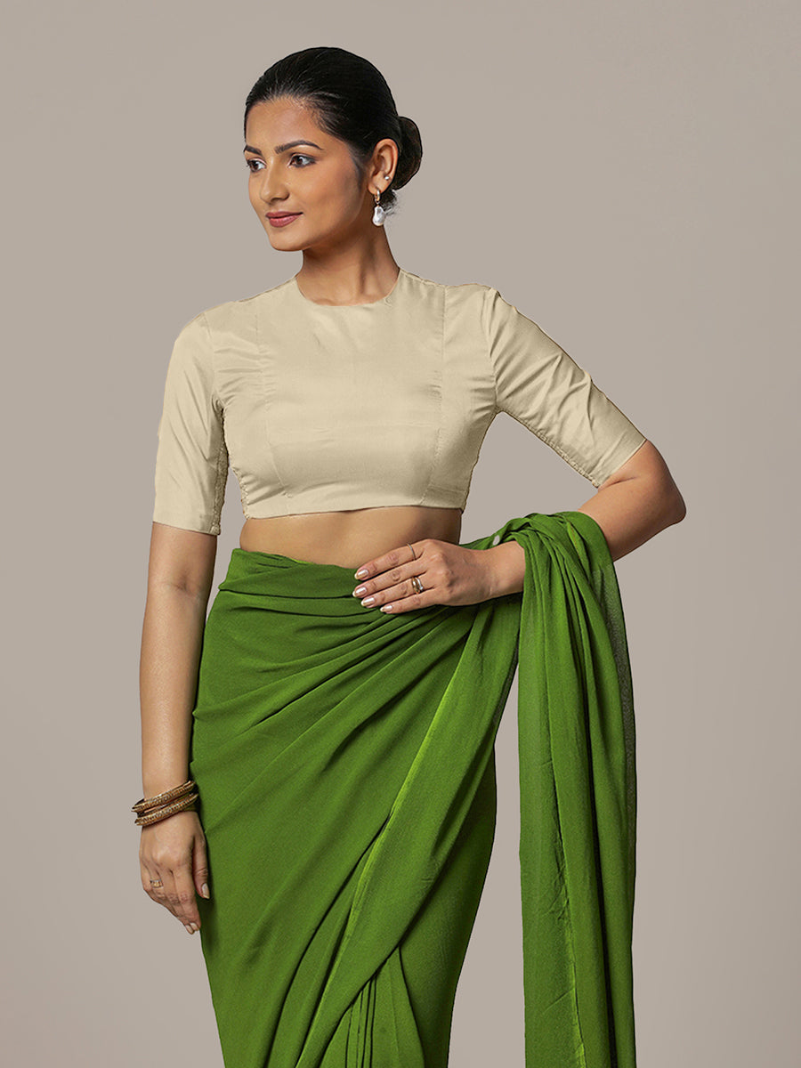 Myra x Rozaana Saree Blouse, in Cream Vegan Silk, featuring elbow sleeves and jewel neckline, made for party & festive (view 6).