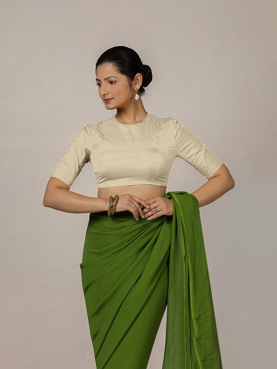 Myra x Rozaana Saree Blouse, in Cream Vegan Silk, featuring elbow sleeves and jewel neckline, made for party & festive (view 8).