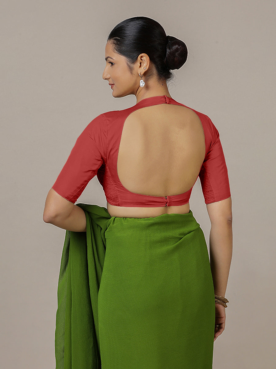 Myra x Rozaana Saree Blouse, in Red Vegan Silk, featuring elbow sleeves and jewel neckline, made for party & festive (view 2).