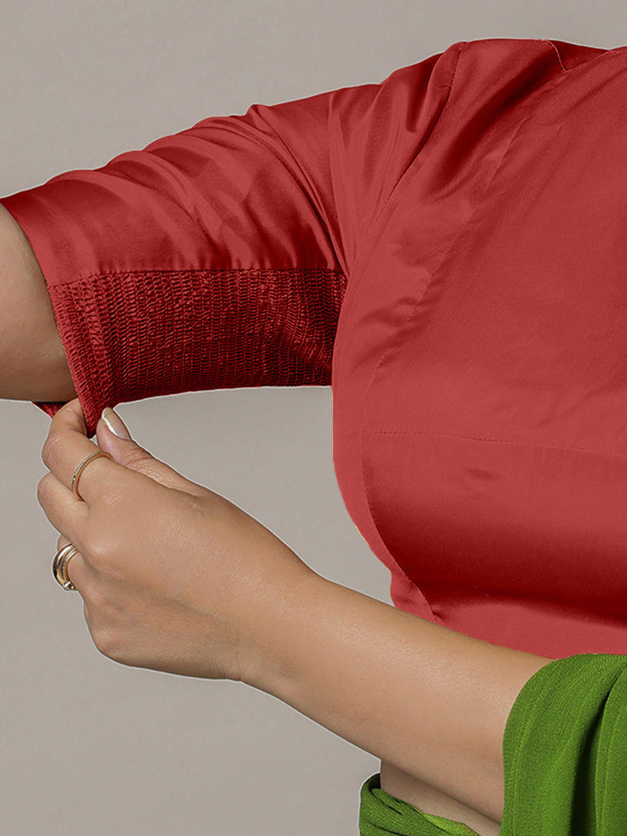 Myra x Rozaana Saree Blouse, in Red Vegan Silk, featuring elbow sleeves and jewel neckline, made for party & festive (view 4).